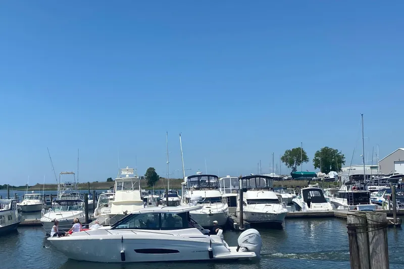Camelot Yacht Photos Pics 2022 Regal 36 XO yacht docked in a marina under clear blue skies.