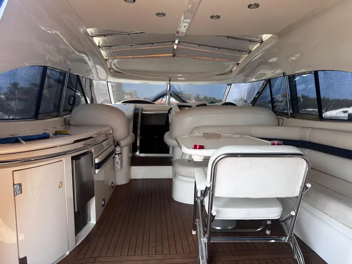 Hot Stuff Yacht Photos Pics Interior of 2000 Sunseeker Predator 56 yacht with white seating and wooden flooring.