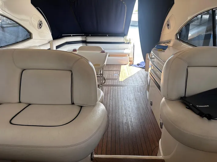 Hot Stuff Yacht Photos Pics Interior of 2000 Sunseeker Predator 56 yacht with white seating and wooden flooring.