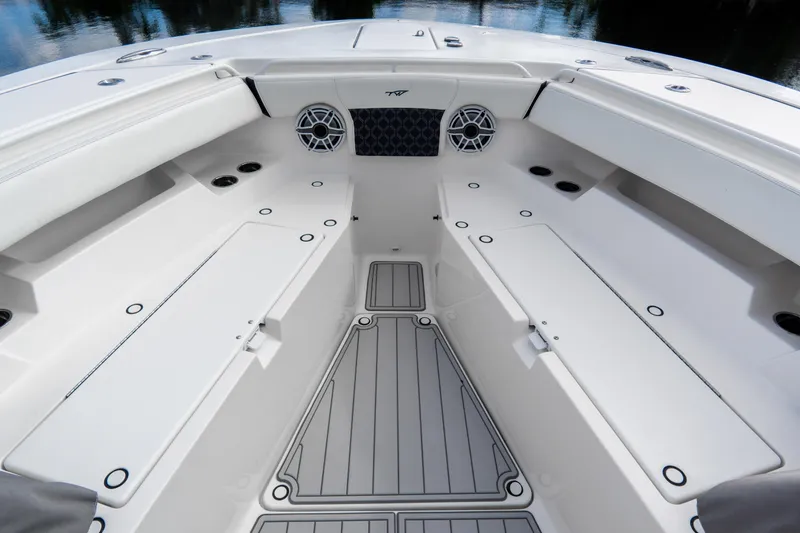  Yacht Photos Pics 2023 Tidewater 380 CC Adventure boat interior with spacious seating and modern design.