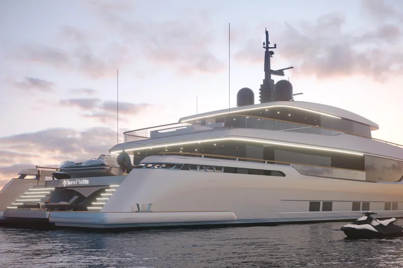  Yacht Photos Pics Luxurious 2026 Sunreef 40M Explorer yacht at sunset, featuring sleek design and modern amenities.