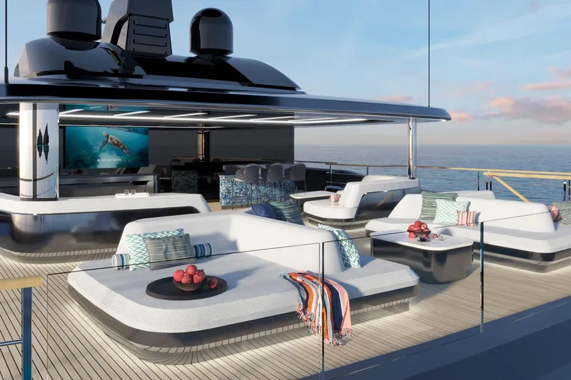  Yacht Photos Pics Luxurious 2026 Sunreef 40M Explorer yacht deck with modern seating and ocean view.