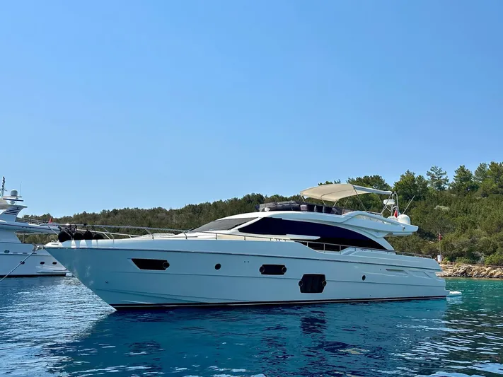  Yacht Photos Pics 2013 Ferretti Yachts 690 on serene blue water, surrounded by lush greenery.