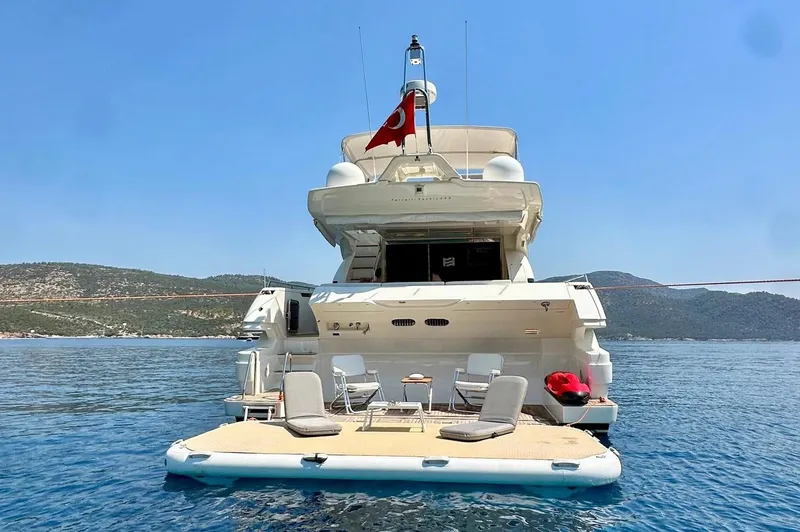 Yacht Photos Pics 2013 Ferretti Yachts 690 on serene water, rear view with Turkish flag.
