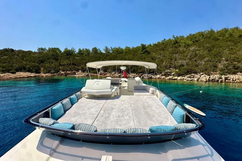  Yacht Photos Pics Luxurious 2013 Ferretti Yachts 690 anchored in serene turquoise waters, surrounded by lush greenery.