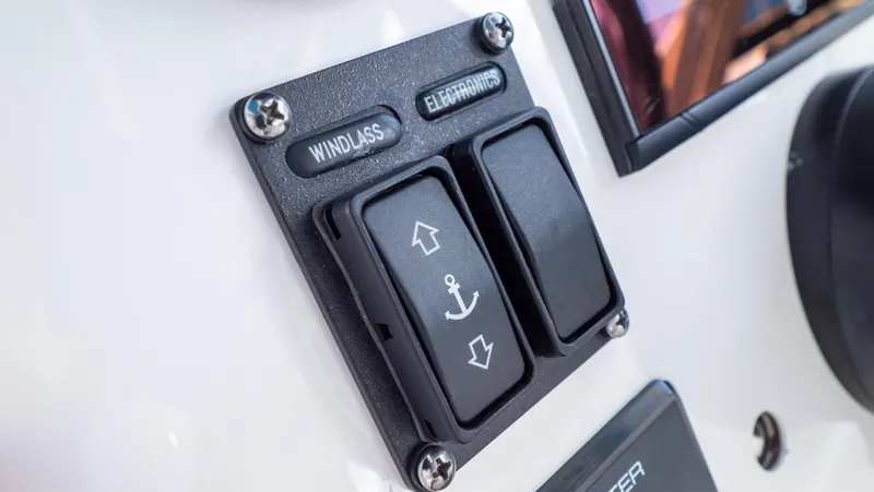  Yacht Photos Pics Control panel of 2018 Intrepid 430 Sport Yacht featuring windlass and anchor switches.