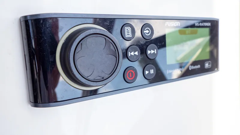  Yacht Photos Pics Control panel of a 2018 Intrepid 430 Sport Yacht with Fusion audio system.