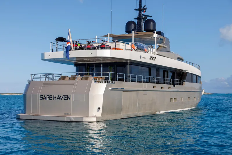 Safe Haven Yacht Photos Pics Luxury yacht "Safe Haven" by Admiral, 2015 model, cruising in clear blue waters.
