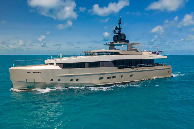 Safe Haven Yacht Photos Pics Luxurious 2015 Admiral Custom yacht cruising on clear blue ocean waters.