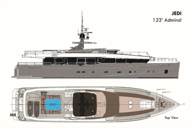 Safe Haven Yacht Photos Pics Side and top view of 2015 Admiral Custom 123' yacht design.