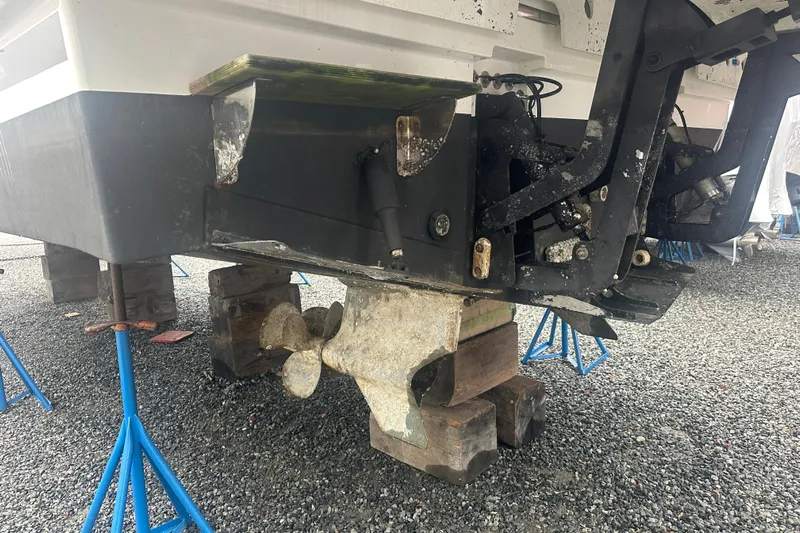 World Wide Yacht Photos Pics 2020 Prestige 460 yacht propeller and stern on stands for maintenance.