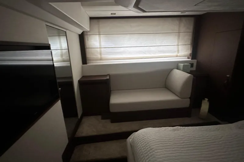 World Wide Yacht Photos Pics Luxurious interior of 2020 Prestige 460 yacht with modern seating and elegant decor.