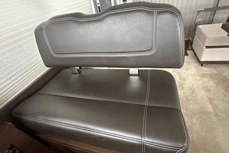 World Wide Yacht Photos Pics Luxurious leather seating in a 2020 Prestige 460 yacht interior.