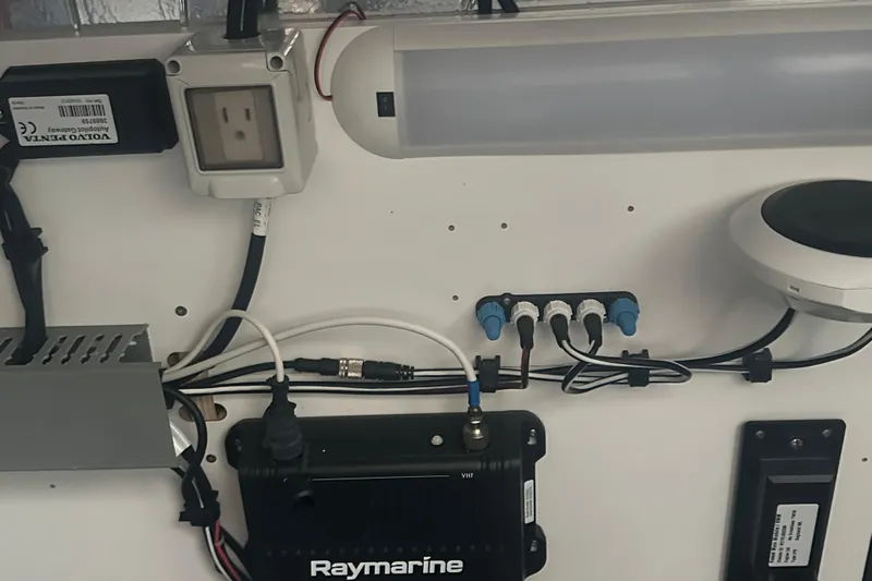 World Wide Yacht Photos Pics Electrical panel of a 2020 Prestige 460 yacht with Raymarine equipment and wiring.