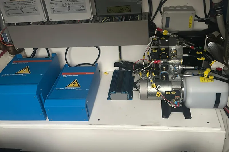 World Wide Yacht Photos Pics Electrical components and isolation transformers in a 2020 Prestige 460 yacht.