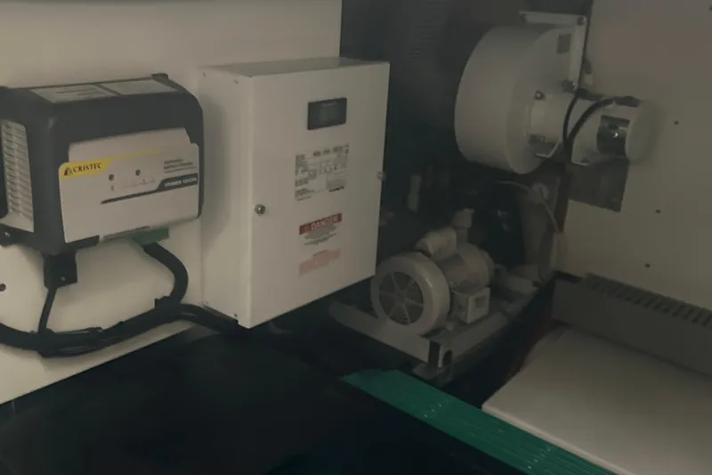 World Wide Yacht Photos Pics Electrical components inside a 2020 Prestige 460 yacht, featuring a Cristec charger.