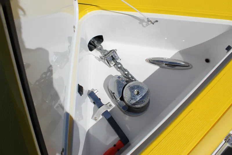  Yacht Photos Pics Anchor compartment of 2021 Mystic M4200 boat with chain and winch.