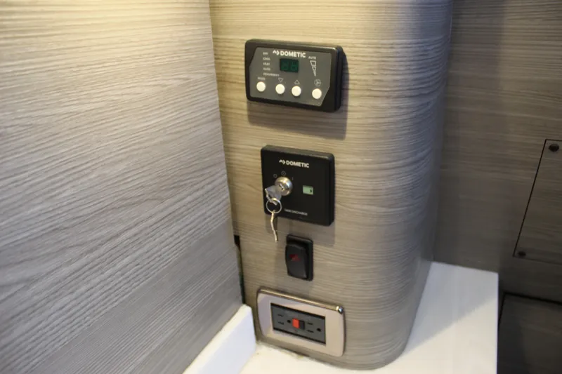  Yacht Photos Pics Control panel and outlet in Mystic M4200, 2021 model, featuring Dometic systems.