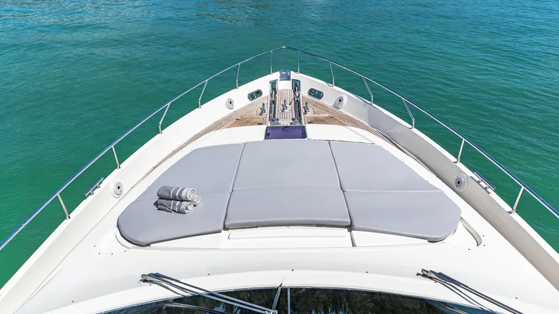 Hoya Saxa Yacht Photos Pics 2013 Ferretti Yachts 870 FLYBRIDGE bow with sunbathing area and ocean view.