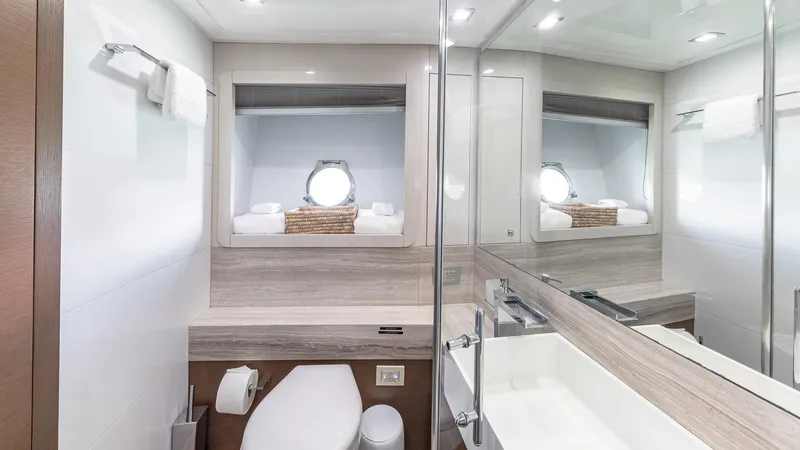 Hoya Saxa Yacht Photos Pics Luxurious bathroom on 2013 Ferretti Yachts 870 FLYBRIDGE, featuring modern fixtures and elegant design.