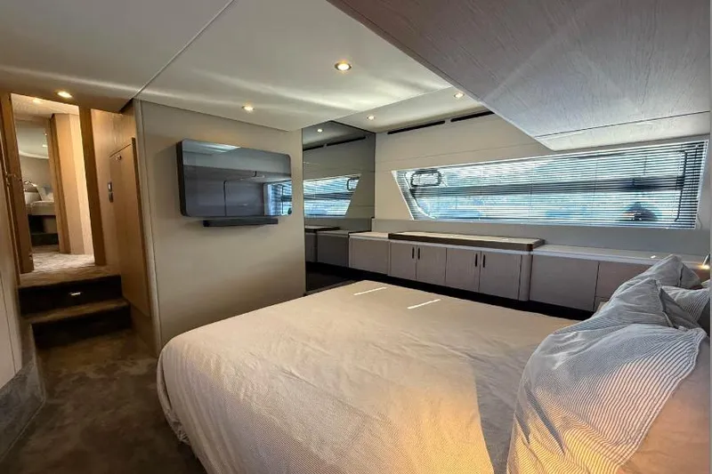  Yacht Photos Pics Luxurious interior of 2022 Azimut Fly 53 yacht with modern bedroom design.