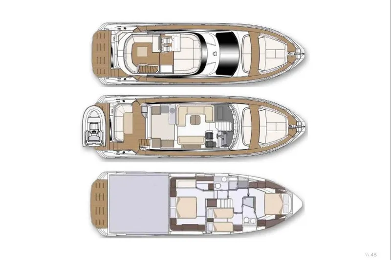  Yacht Photos Pics Floor plan of 2022 Azimut Fly 53 yacht, showcasing three levels with detailed layouts.