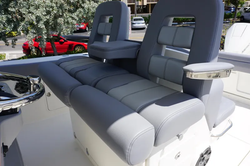 Bwce1064l324 Yacht Photos Pics 2024 Boston Whaler 330 Outrage boat seating with gray upholstery.