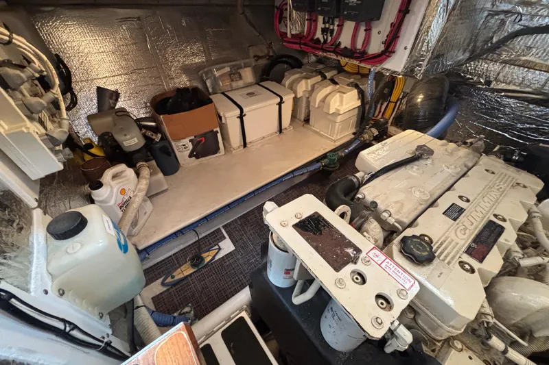Egret Yacht Photos Pics Engine Compartment to starboard side on 2005 Nordic Tug 37 showing battery banks