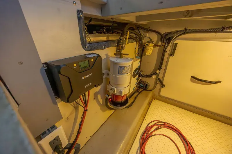  Yacht Photos Pics Engine room of 2008 Meridian 490 Pilothouse with electrical components and wiring.