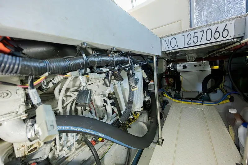  Yacht Photos Pics Engine room of 2008 Meridian 490 Pilothouse with visible wiring and components.