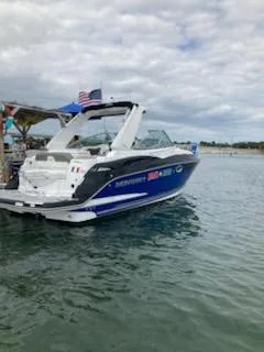  Yacht Photos Pics 2019 Monterey 295 Sport Yacht docked on calm water under cloudy skies.
