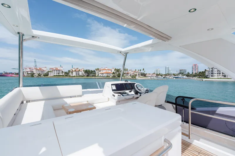 Why Knot Yacht Photos Pics Luxurious 2020 Sunseeker 52 Manhattan yacht with spacious deck and scenic waterfront view.