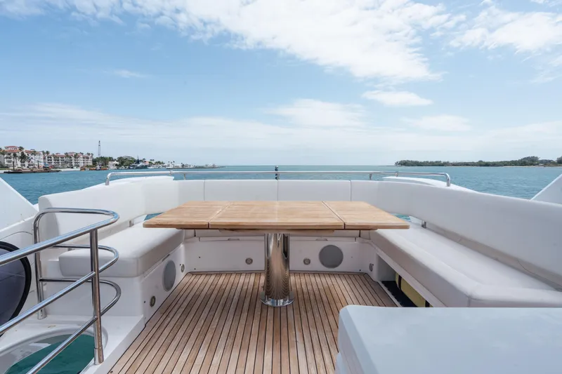 Why Knot Yacht Photos Pics Sunseeker 52 Manhattan 2020 yacht deck with seating and ocean view.