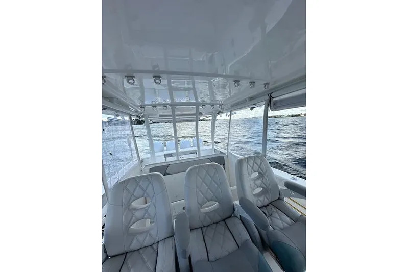  Yacht Photos Pics Interior view of 2016 Everglades 435 Center Console boat with luxurious seating.