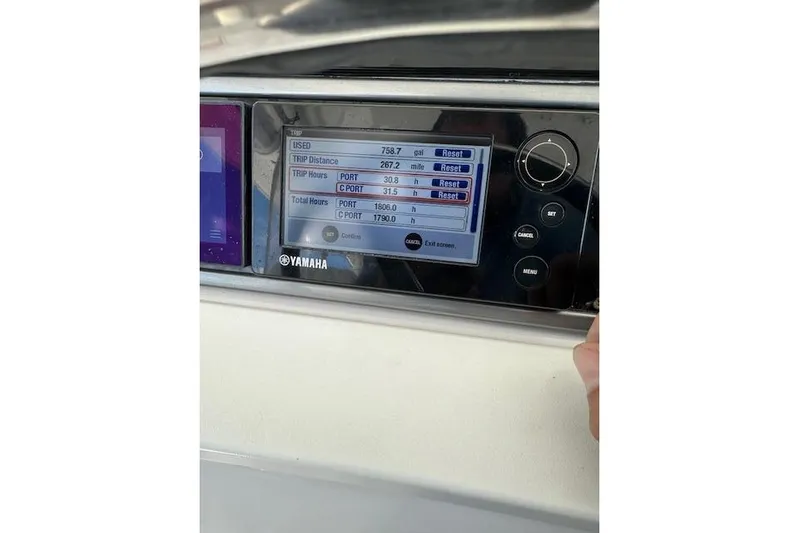  Yacht Photos Pics Yamaha display on 2016 Everglades 435 Center Console showing trip data and engine hours.