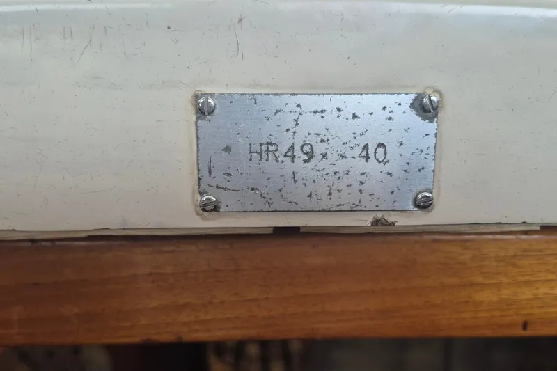  Yacht Photos Pics Metal identification plate on 1986 Hallberg-Rassy 49 sailboat, marked "HR49-40".