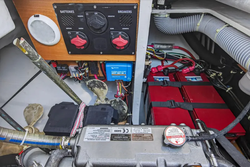 Seaquinn Yacht Photos Pics Electrical system of a 2019 Lagoon 42 catamaran, featuring batteries and breakers.