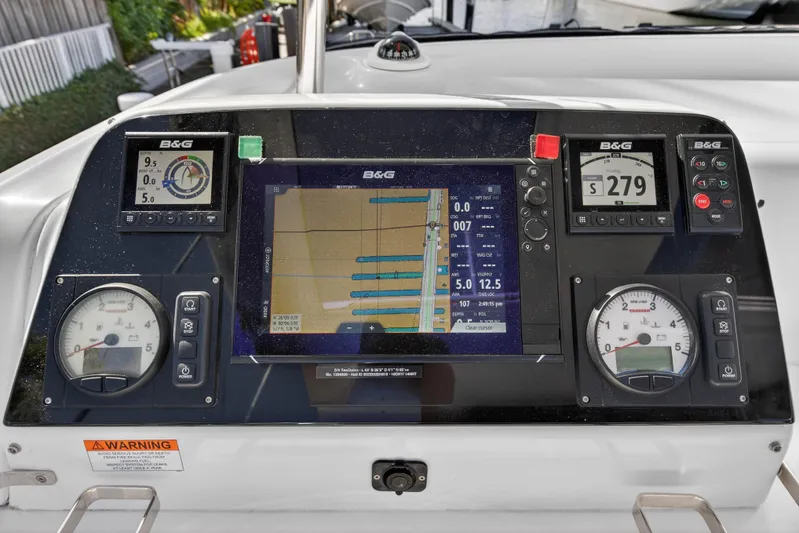 Seaquinn Yacht Photos Pics Control panel of a 2019 Lagoon 42 catamaran with navigation and engine displays.