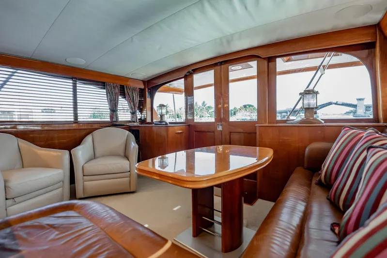Lucky Yacht Photos Pics Luxurious interior of 1983 Rybovich 55 Convertible yacht with elegant wood finishes.
