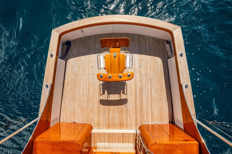 Lucky Yacht Photos Pics 1983 Rybovich 55 Convertible yacht deck with wooden finish, overlooking ocean waters.