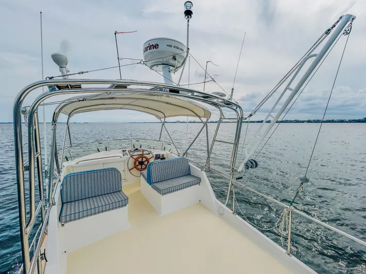 Mystic Yacht Photos Pics 1989 Grand Banks 36 Sedan yacht with spacious deck and seating, cruising on calm waters.