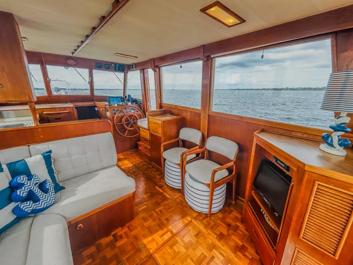 Mystic Yacht Photos Pics 1989 Grand Banks 36 Sedan interior with wood finish, seating, and ocean view.
