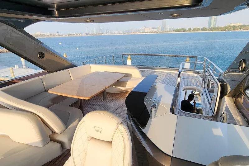  Yacht Photos Pics Luxurious 2025 Princess Y72 Motor Yacht deck with elegant seating and ocean view.