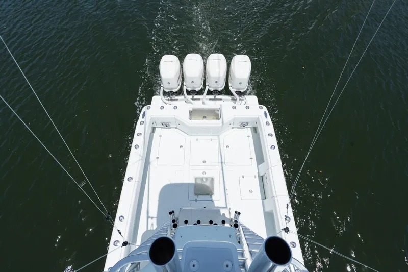  Yacht Photos Pics Overhead view of 2017 SeaVee 390Z boat with four engines on water.