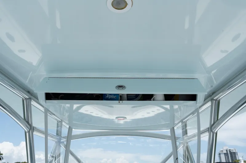  Yacht Photos Pics 2017 SeaVee 390Z boat interior with storage compartment and clear sky view.