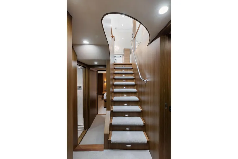  Yacht Photos Pics Luxurious wooden staircase interior on a 2010 Primorets Custom yacht.