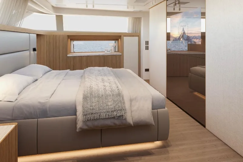  Yacht Photos Pics Luxurious bedroom interior of 2025 Sanlorenzo SD90 yacht with modern design and ocean view.