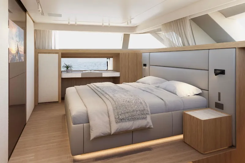  Yacht Photos Pics Luxurious bedroom interior of 2025 Sanlorenzo SD90 yacht with ocean view.