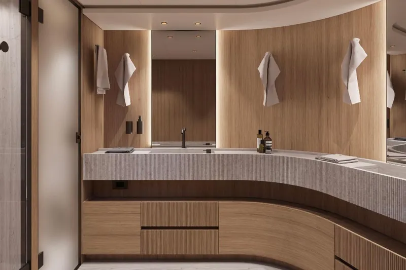  Yacht Photos Pics Luxurious bathroom interior of 2025 Sanlorenzo SD90 yacht with modern wood accents.