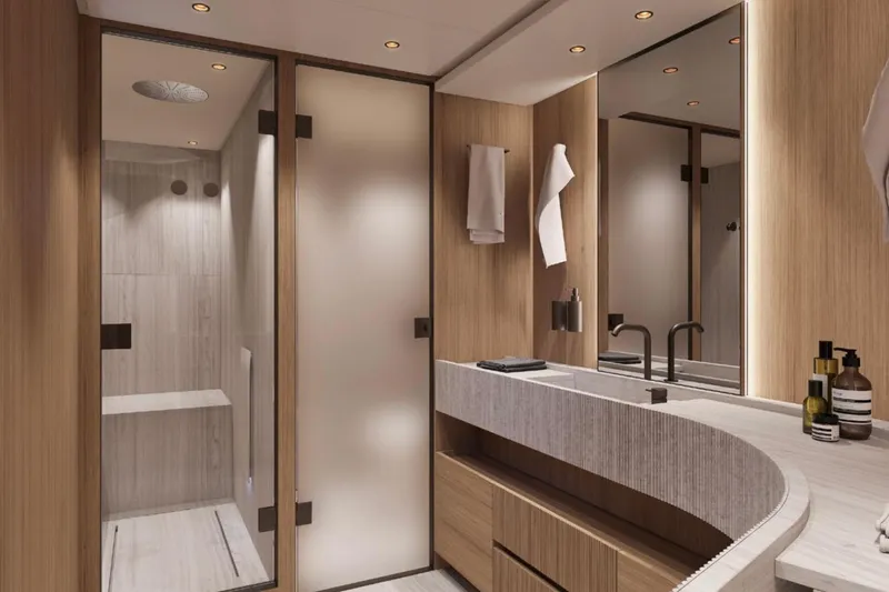  Yacht Photos Pics Luxurious bathroom interior of 2025 Sanlorenzo SD90 yacht with modern fixtures and elegant design.